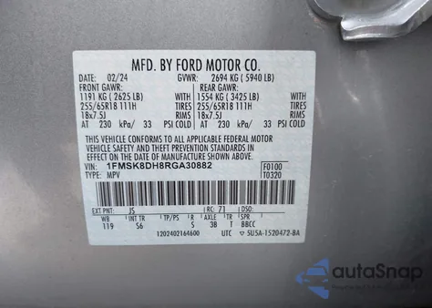 2024 Ford Explorer Xlt из США, поврежденный, VIN 1FMSK8DH8RGA30882